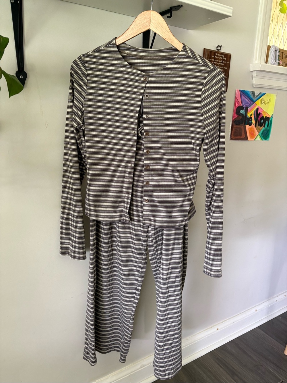 Missguided + Gray and White Striped Button-Front Pajama Set